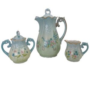 Vintage Hand Painted Coffee/Tea Pot Sugar Creamer Blue Green Floral 3 Piece Set